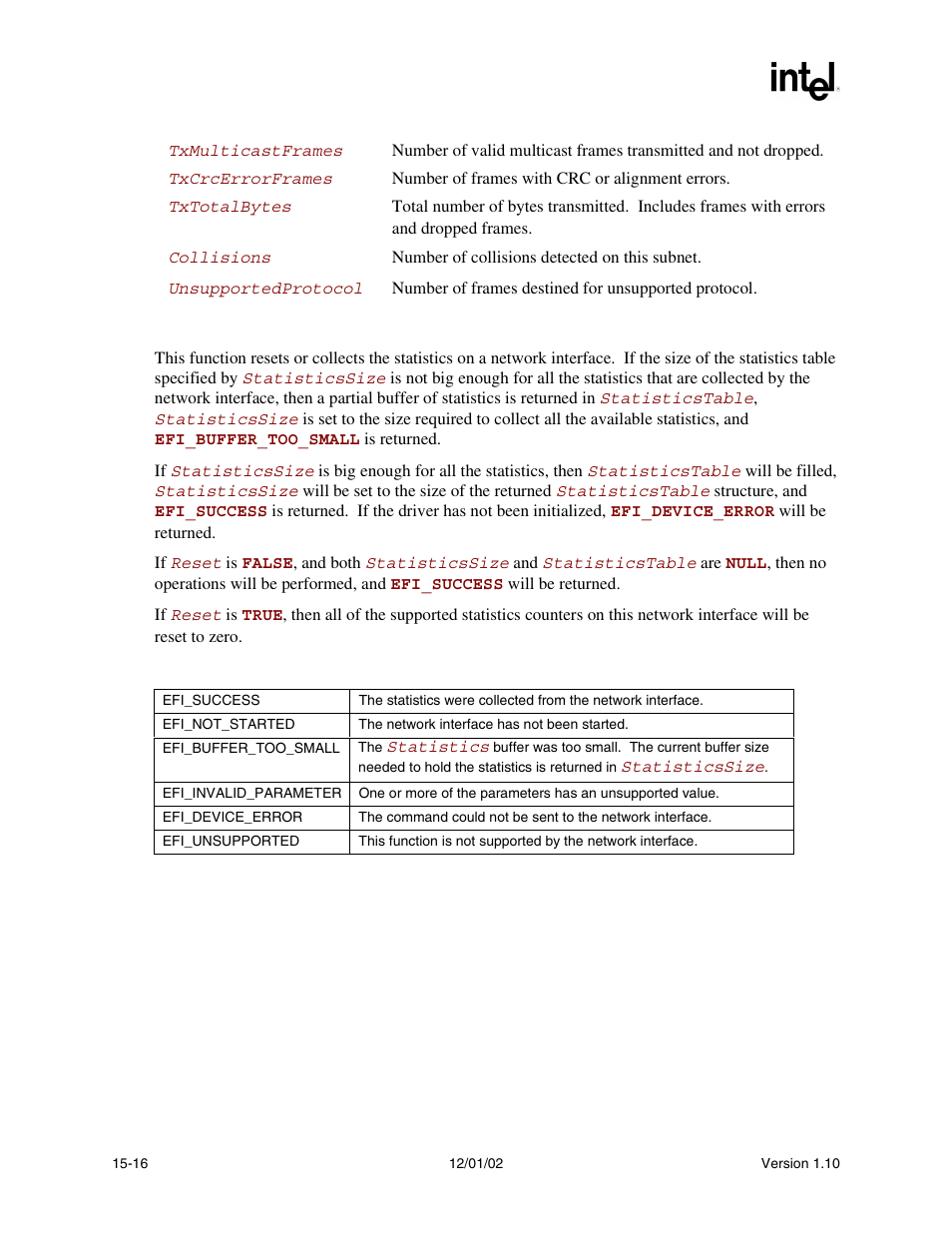 Description, Status codes returned | Intel Extensible Firmware Interface User Manual | Page 622 / 1084