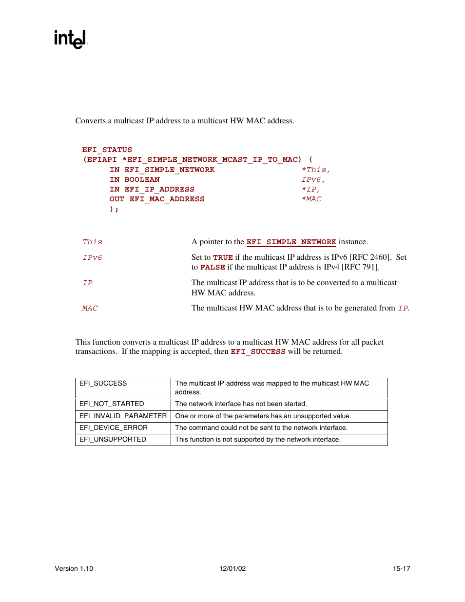 Efi_simple_network.mcastiptomac(), Mcastiptomac(), Func | Efi_simple_network.mcastiptomac() summary, Prototype, Parameters, Description, Status codes returned | Intel Extensible Firmware Interface User Manual | Page 623 / 1084