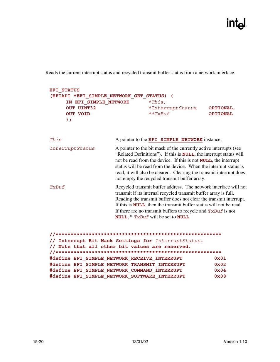 Efi_simple_network.getstatus(), Getstatus() | Intel Extensible Firmware Interface User Manual | Page 626 / 1084