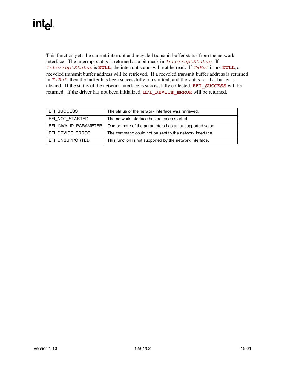 Description, Status codes returned | Intel Extensible Firmware Interface User Manual | Page 627 / 1084