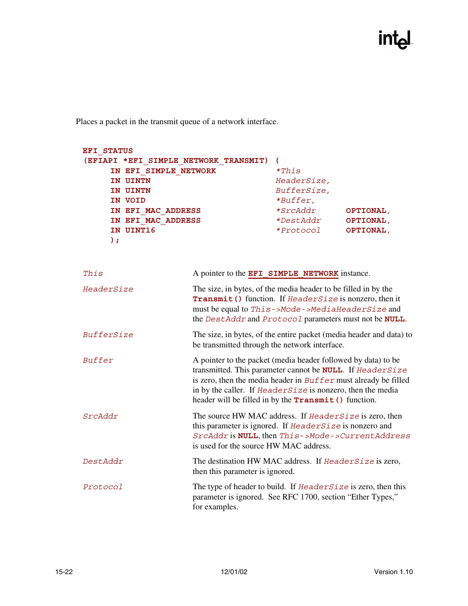 Efi_simple_network.transmit(), Transmit(), Func | Intel Extensible Firmware Interface User Manual | Page 628 / 1084
