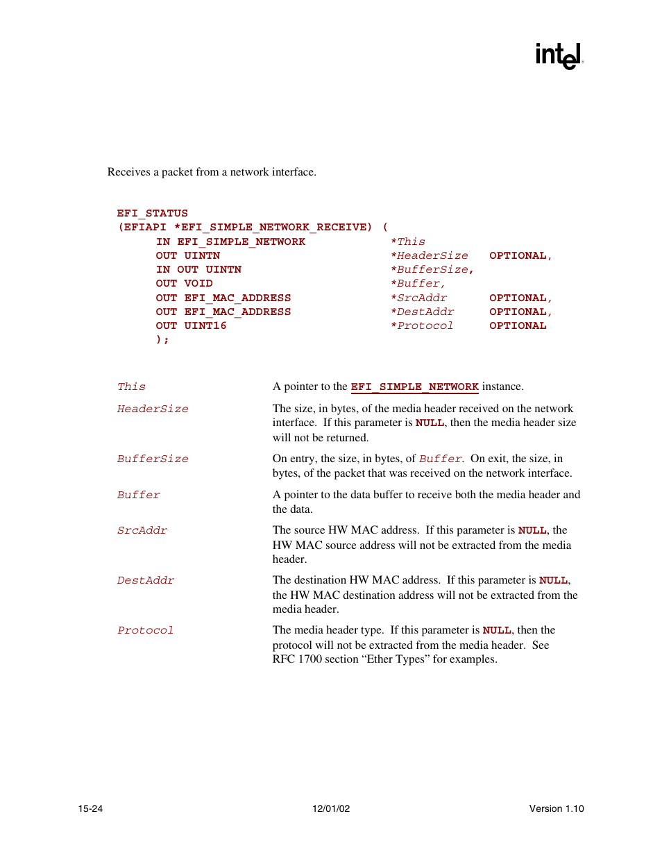 Efi_simple_network.receive(), Receive() | Intel Extensible Firmware Interface User Manual | Page 630 / 1084