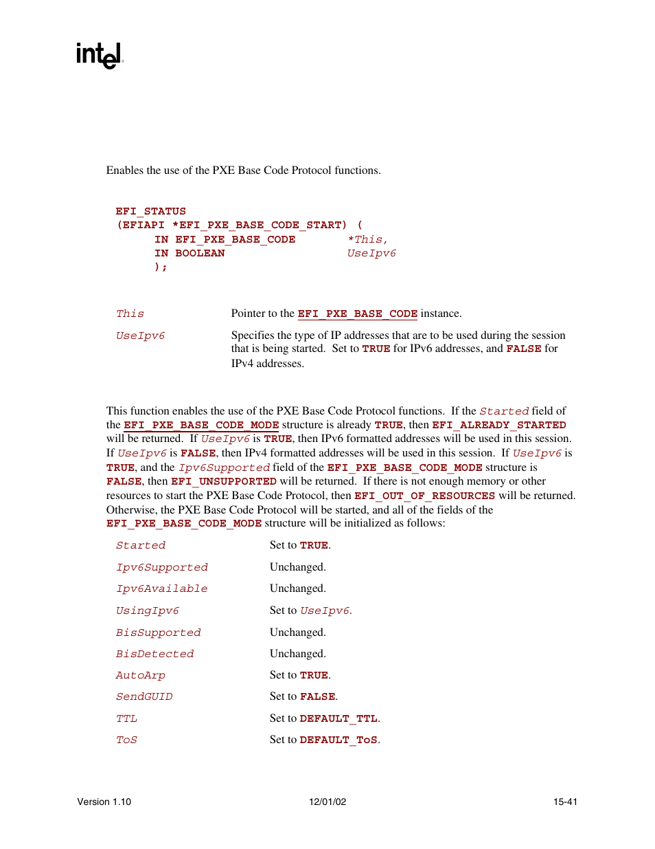 Efi_pxe_base_code.start(), Start(), This | By the | Intel Extensible Firmware Interface User Manual | Page 647 / 1084