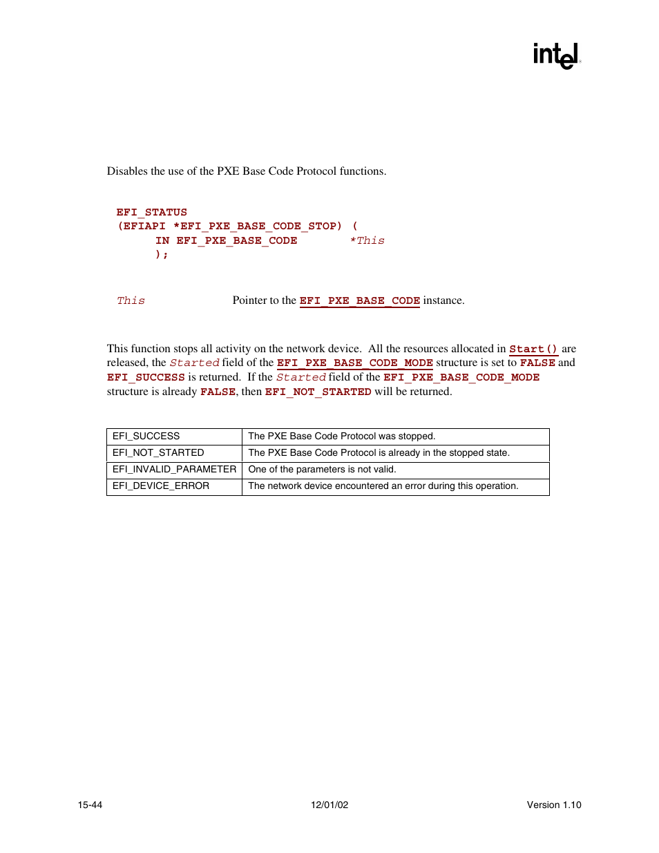 Efi_pxe_base_code.stop(), Stop(), Func | Efi_pxe_base_code.stop() summary, Prototype, Parameters, Description, Status codes returned | Intel Extensible Firmware Interface User Manual | Page 650 / 1084