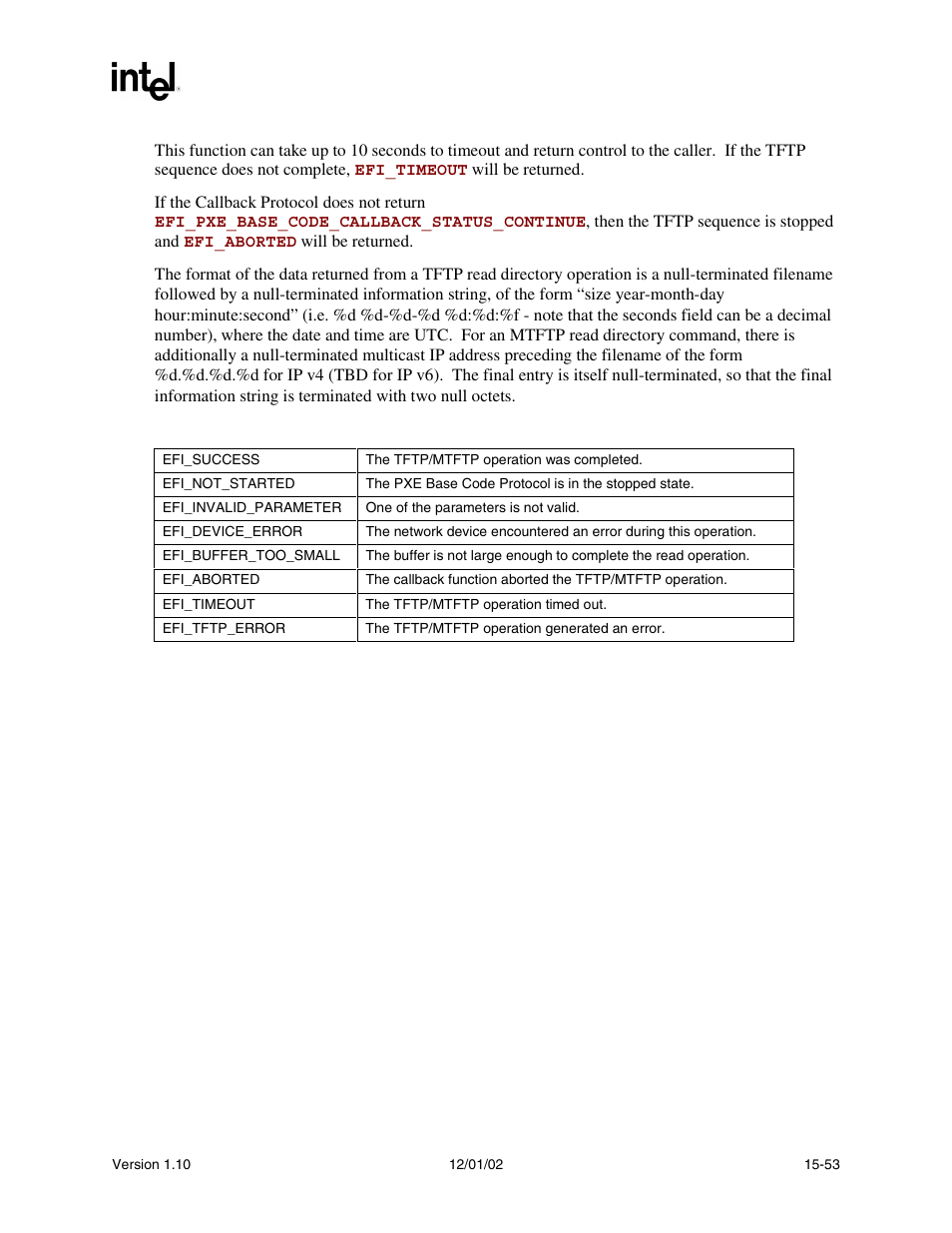 Status codes returned | Intel Extensible Firmware Interface User Manual | Page 659 / 1084