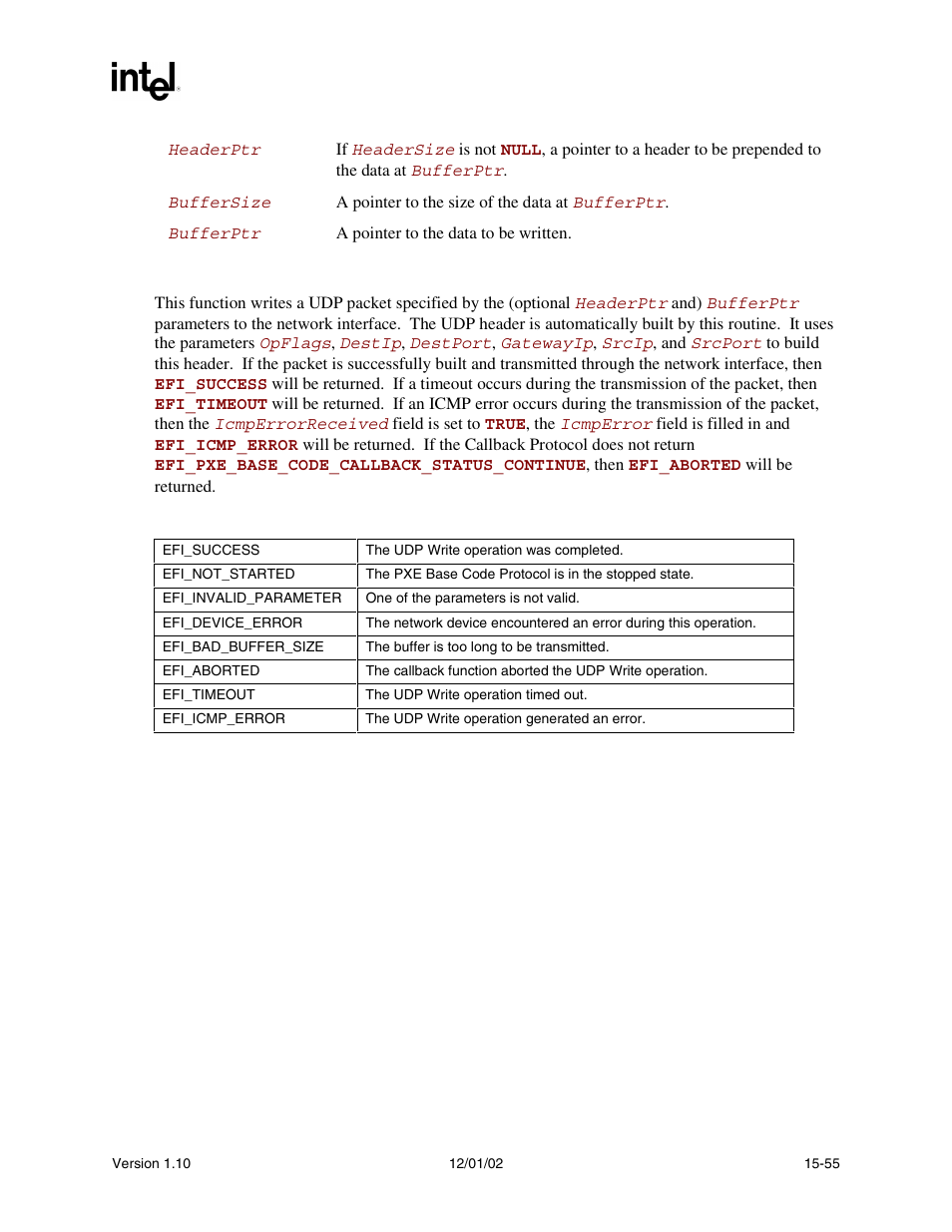 Description, Status codes returned | Intel Extensible Firmware Interface User Manual | Page 661 / 1084