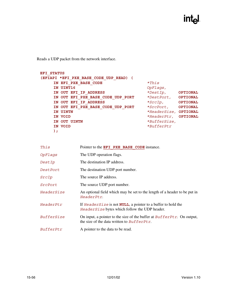 Efi_pxe_base_code.udpread(), Udpread(), Func | Intel Extensible Firmware Interface User Manual | Page 662 / 1084