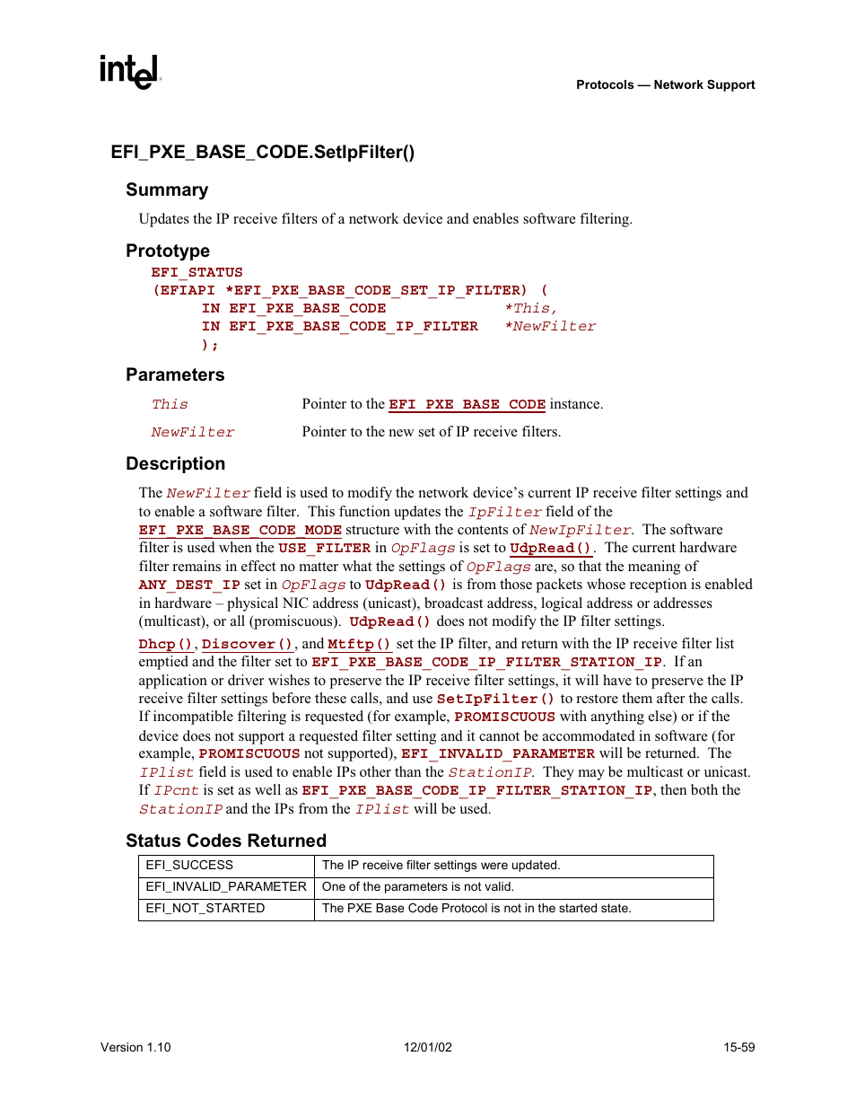 Efi_pxe_base_code.setipfilter(), Setipfilter(), Func | Intel Extensible Firmware Interface User Manual | Page 665 / 1084