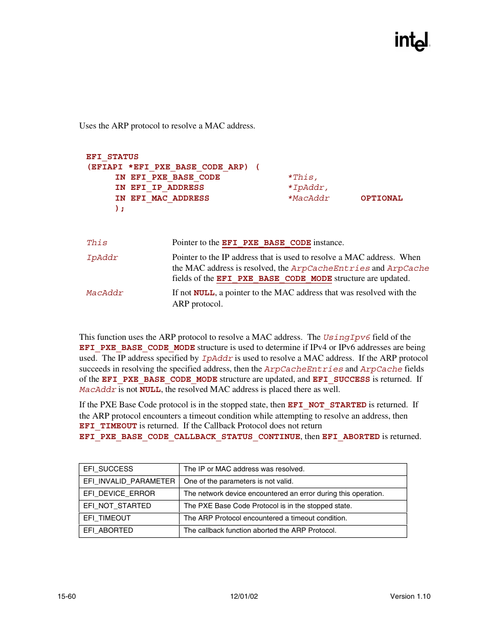 Efi_pxe_base_code.arp(), Arp(), Func | Intel Extensible Firmware Interface User Manual | Page 666 / 1084