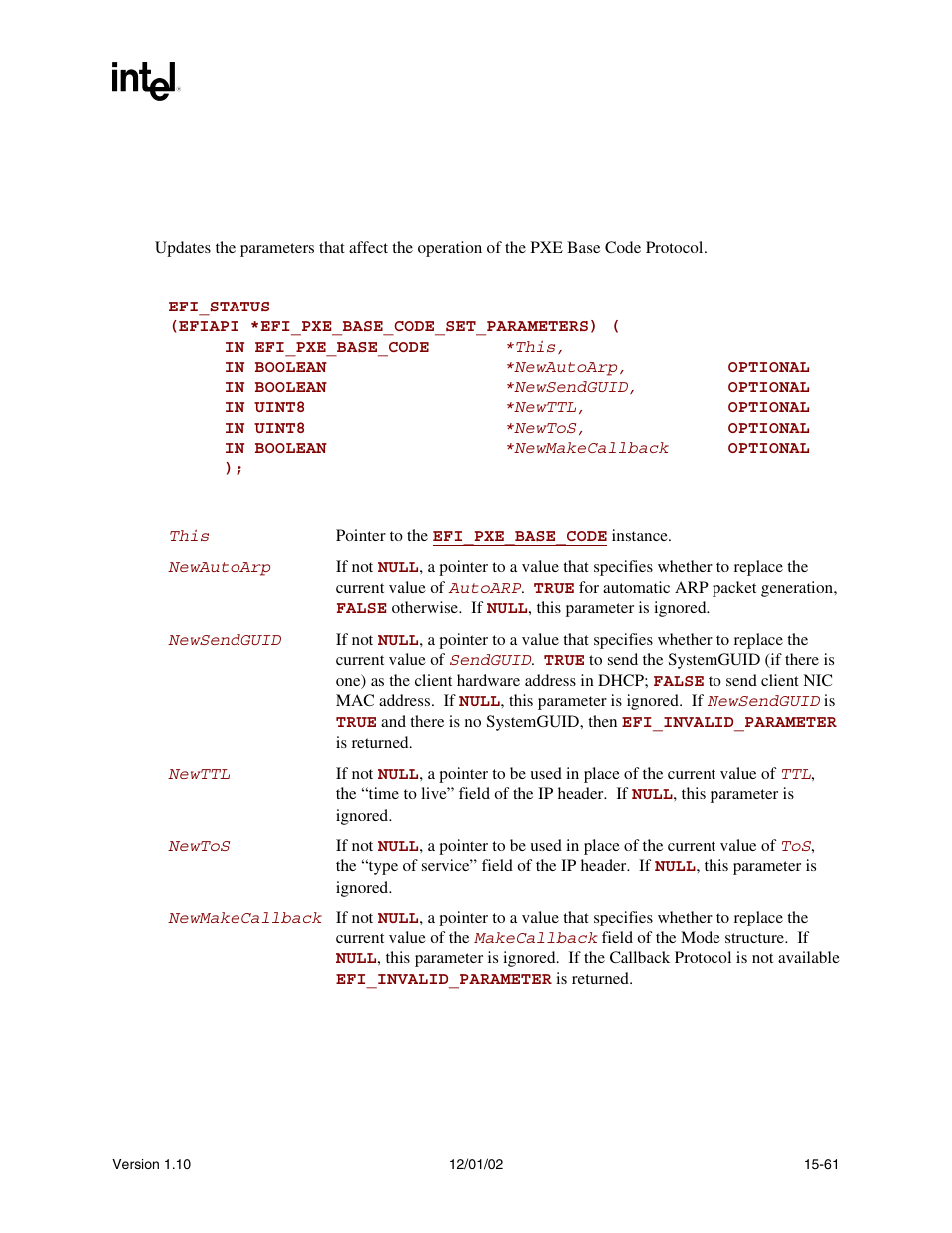 Efi_pxe_base_code.setparameters(), Setparameters(), Func | Intel Extensible Firmware Interface User Manual | Page 667 / 1084