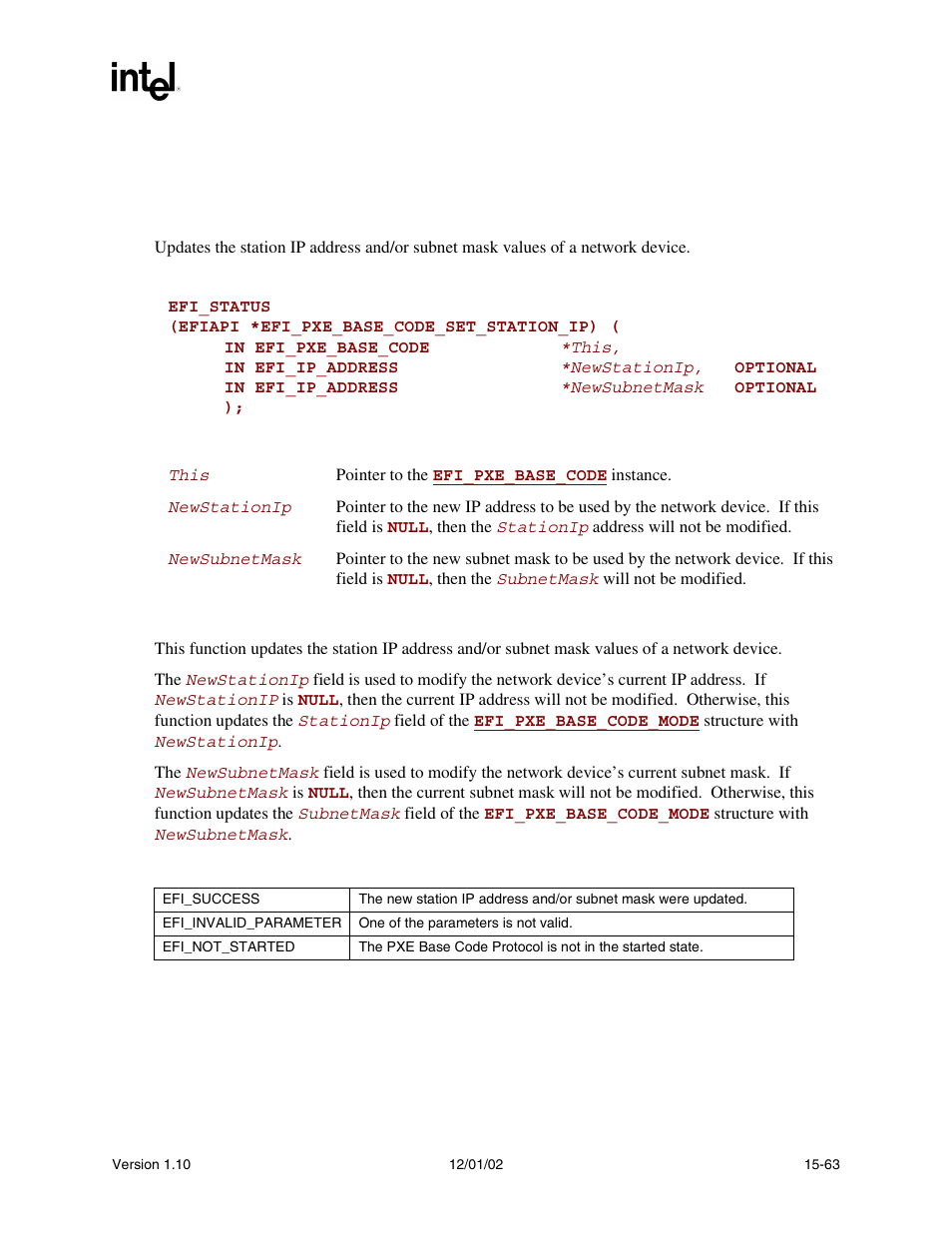 Efi_pxe_base_code.setstationip(), Setstationip(), Func | Intel Extensible Firmware Interface User Manual | Page 669 / 1084