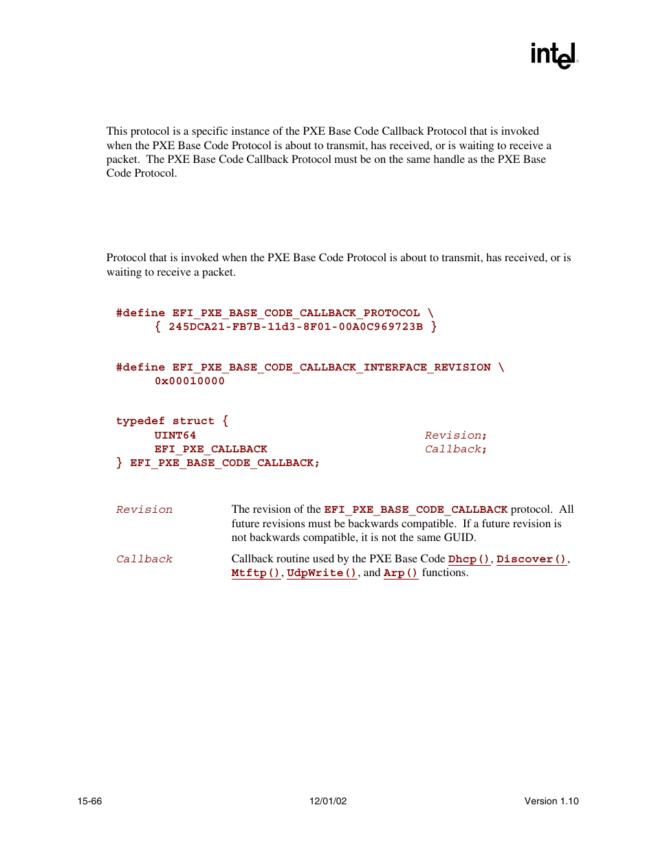 4 pxe base code callback protocol, Efi_pxe_base_code_callback protocol | Intel Extensible Firmware Interface User Manual | Page 672 / 1084