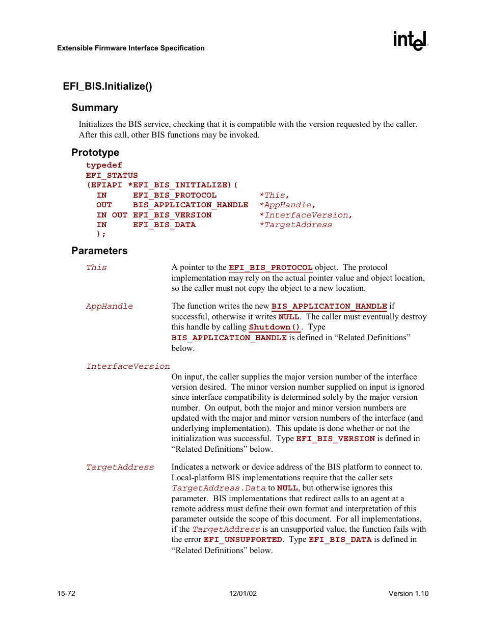 Efi_bis.initialize(), Initialize(), Func | Intel Extensible Firmware Interface User Manual | Page 678 / 1084