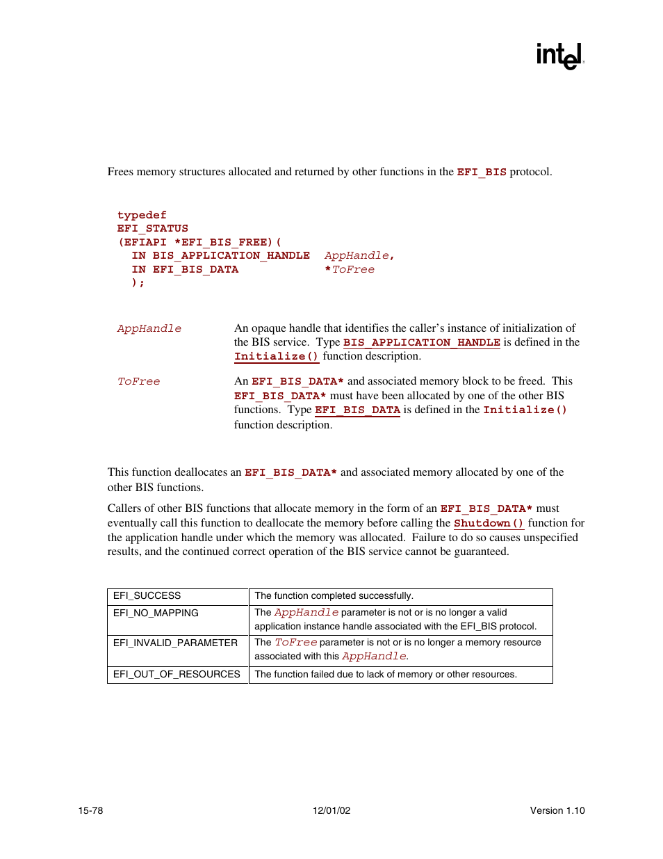 Efi_bis.free(), Free(), Func | Efi_bis.free() summary, Prototype, Parameters, Description, Status codes returned | Intel Extensible Firmware Interface User Manual | Page 684 / 1084