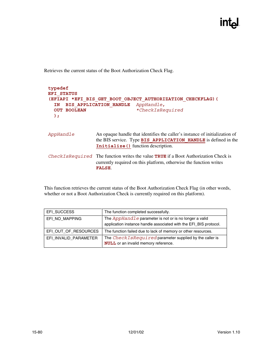 Efi_bis.getbootobjectauthorizationcheckflag(), Getbootobjectauthorizationcheckflag(), Func | Prototype, Parameters, Description, Status codes returned | Intel Extensible Firmware Interface User Manual | Page 686 / 1084