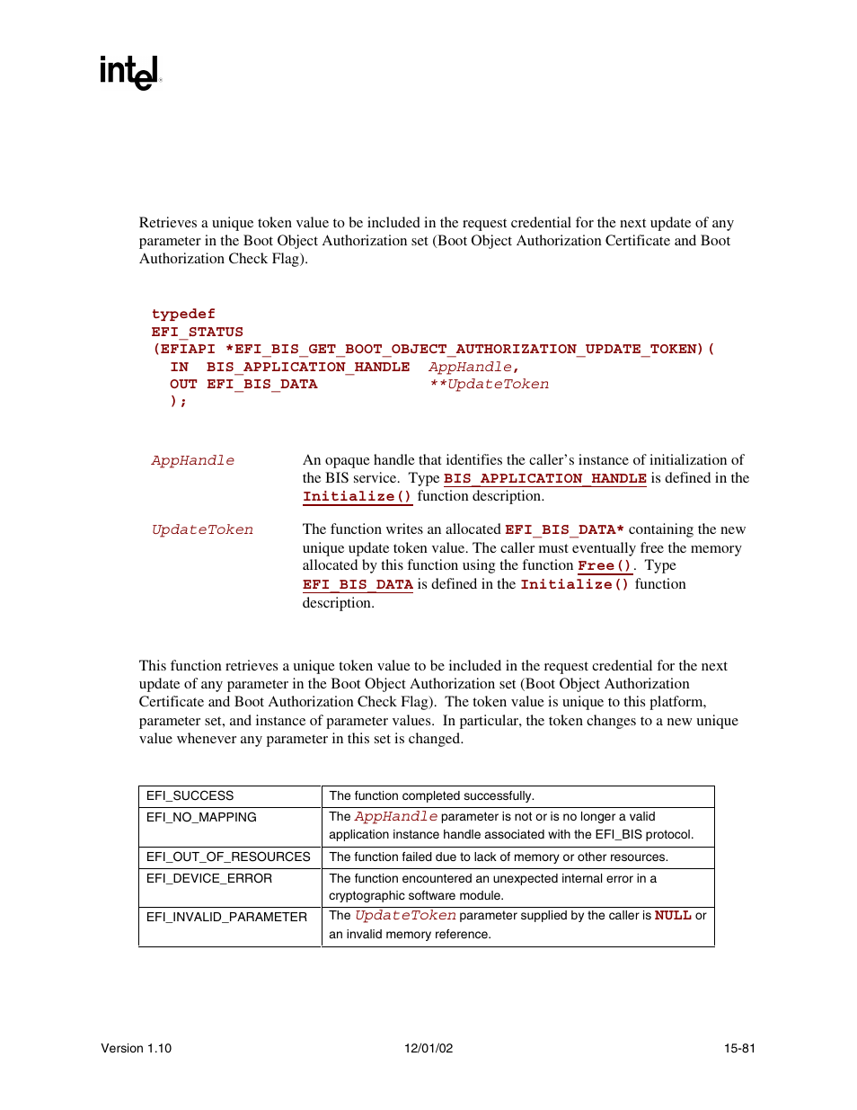 Efi_bis.getbootobjectauthorizationupdatetoken(), Getbootobjectauthorizationupdatetoken(), Func | Prototype, Parameters, Description, Status codes returned | Intel Extensible Firmware Interface User Manual | Page 687 / 1084