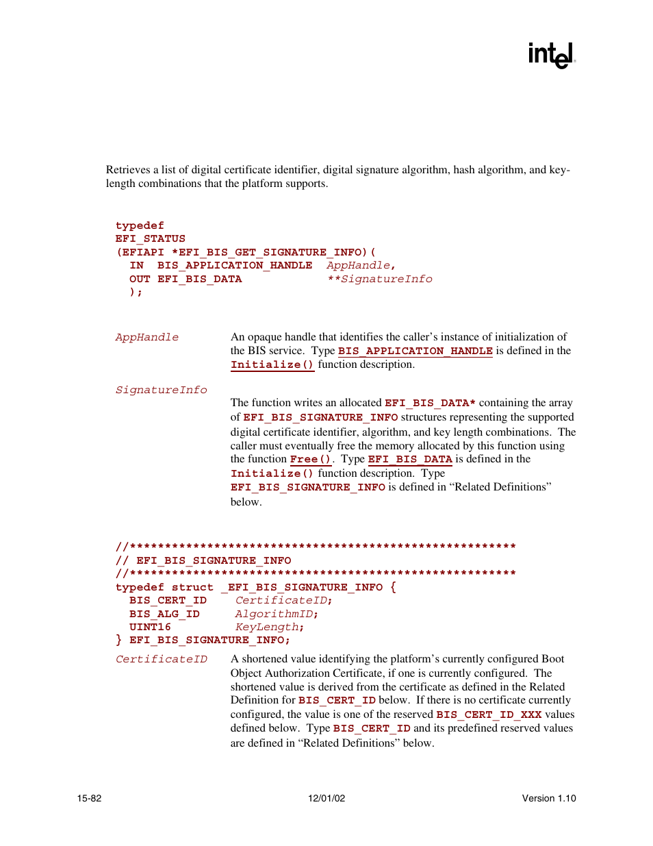 Efi_bis.getsignatureinfo(), Getsignatureinfo(), Func | Intel Extensible Firmware Interface User Manual | Page 688 / 1084