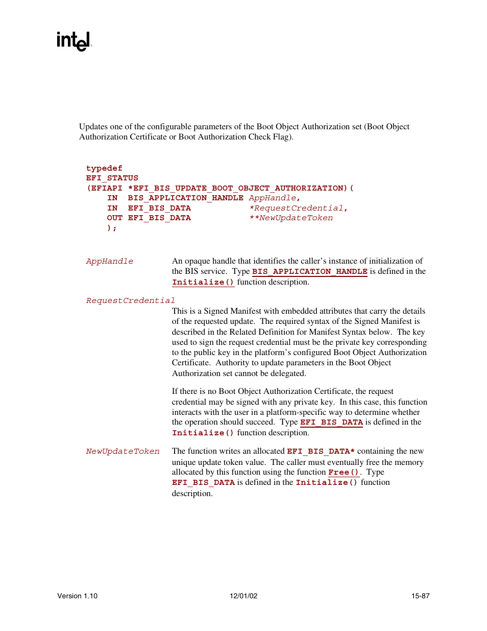 Efi_bis.updatebootobjectauthorization(), Updatebootobjectauthorization(), Func | Intel Extensible Firmware Interface User Manual | Page 693 / 1084