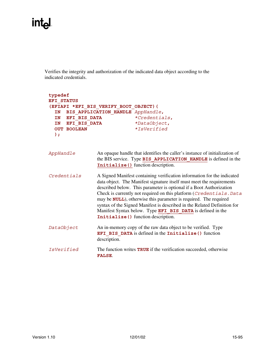 Efi_bis.verifybootobject(), Verifybootobject(), Func | Intel Extensible Firmware Interface User Manual | Page 701 / 1084