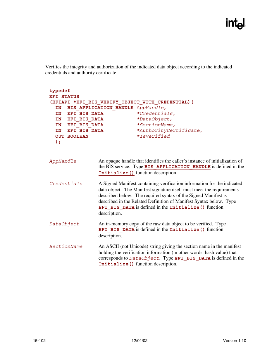 Efi_bis.verifyobjectwithcredential(), Verifyobjectwithcredential(), Func | Intel Extensible Firmware Interface User Manual | Page 708 / 1084