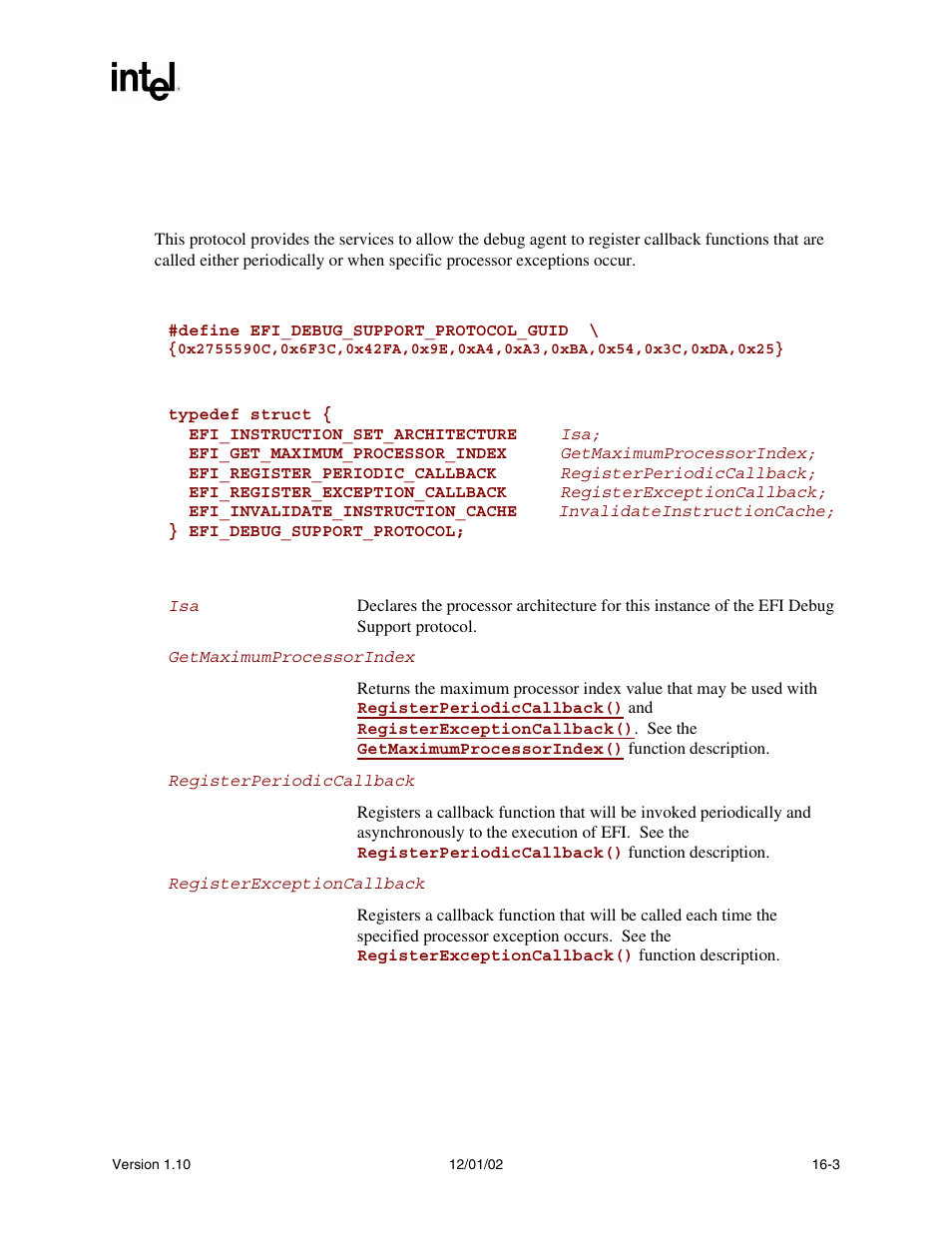 Efi_debug_support_protocol, Debug_support, Debug support protocol | Intel Extensible Firmware Interface User Manual | Page 717 / 1084