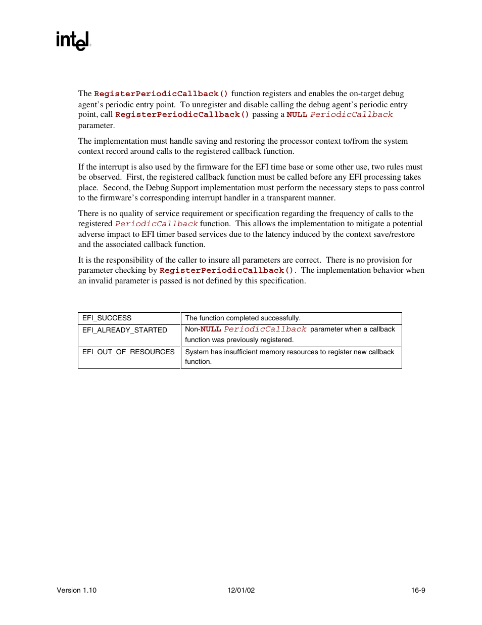 Description, Status codes returned | Intel Extensible Firmware Interface User Manual | Page 723 / 1084