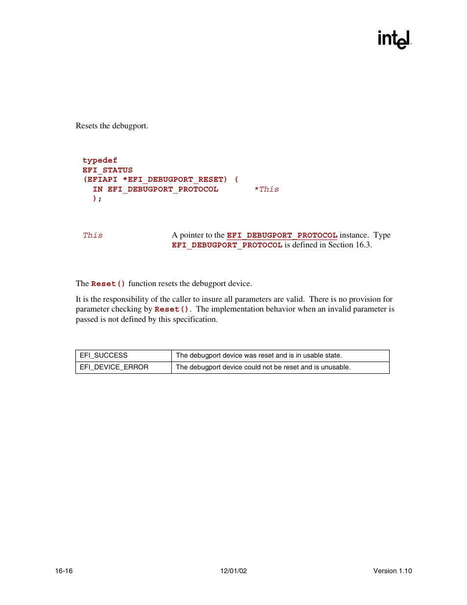 Efi_debugport_protocol.reset(), Debug, Port protocol | Intel Extensible Firmware Interface User Manual | Page 730 / 1084