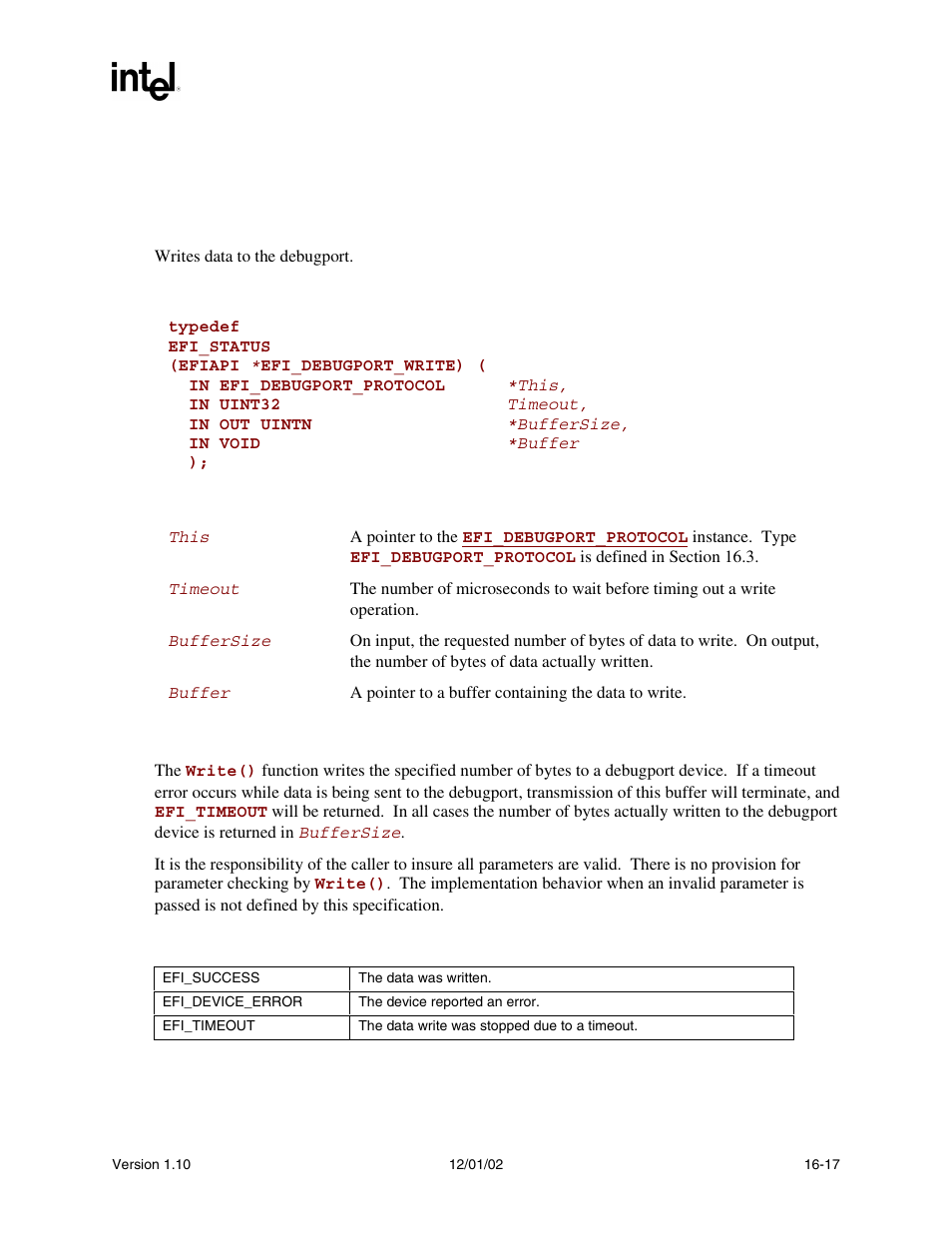 Efi_debugport_protocol.write() | Intel Extensible Firmware Interface User Manual | Page 731 / 1084
