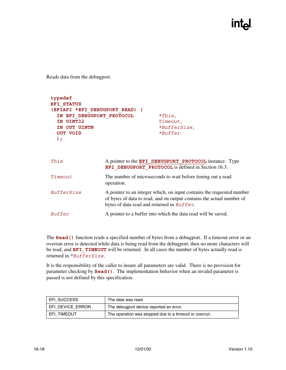 Efi_debugport_protocol.read() | Intel Extensible Firmware Interface User Manual | Page 732 / 1084