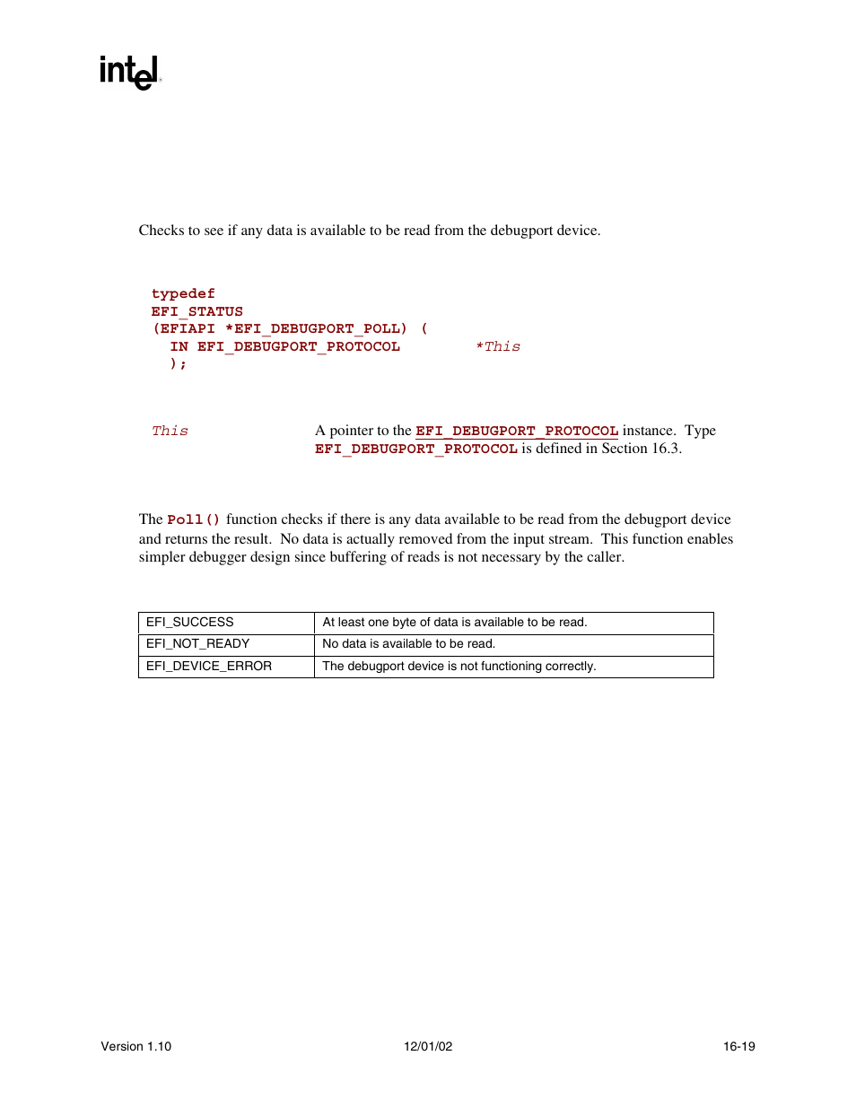 Efi_debugport_protocol.poll(), Efi_debugport_protocol.poll() summary, Prototype | Parameters, Description, Status codes returned | Intel Extensible Firmware Interface User Manual | Page 733 / 1084