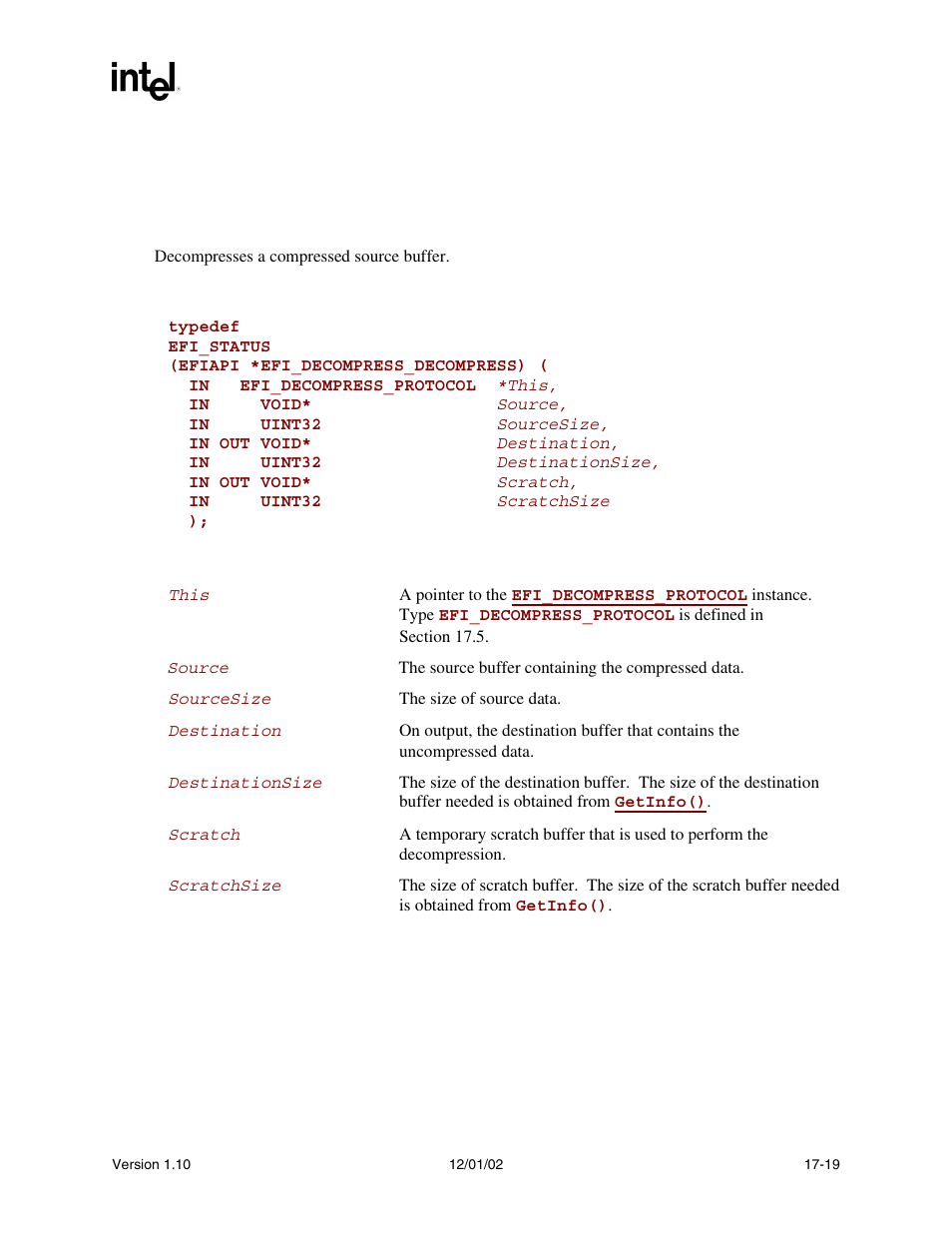 Efi_decompress_protocol.decompress(), Decompress(), See th | Intel Extensible Firmware Interface User Manual | Page 759 / 1084