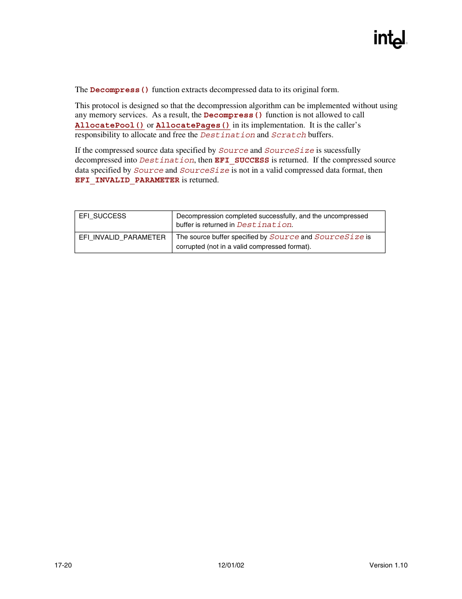 Description, Status codes returned | Intel Extensible Firmware Interface User Manual | Page 760 / 1084