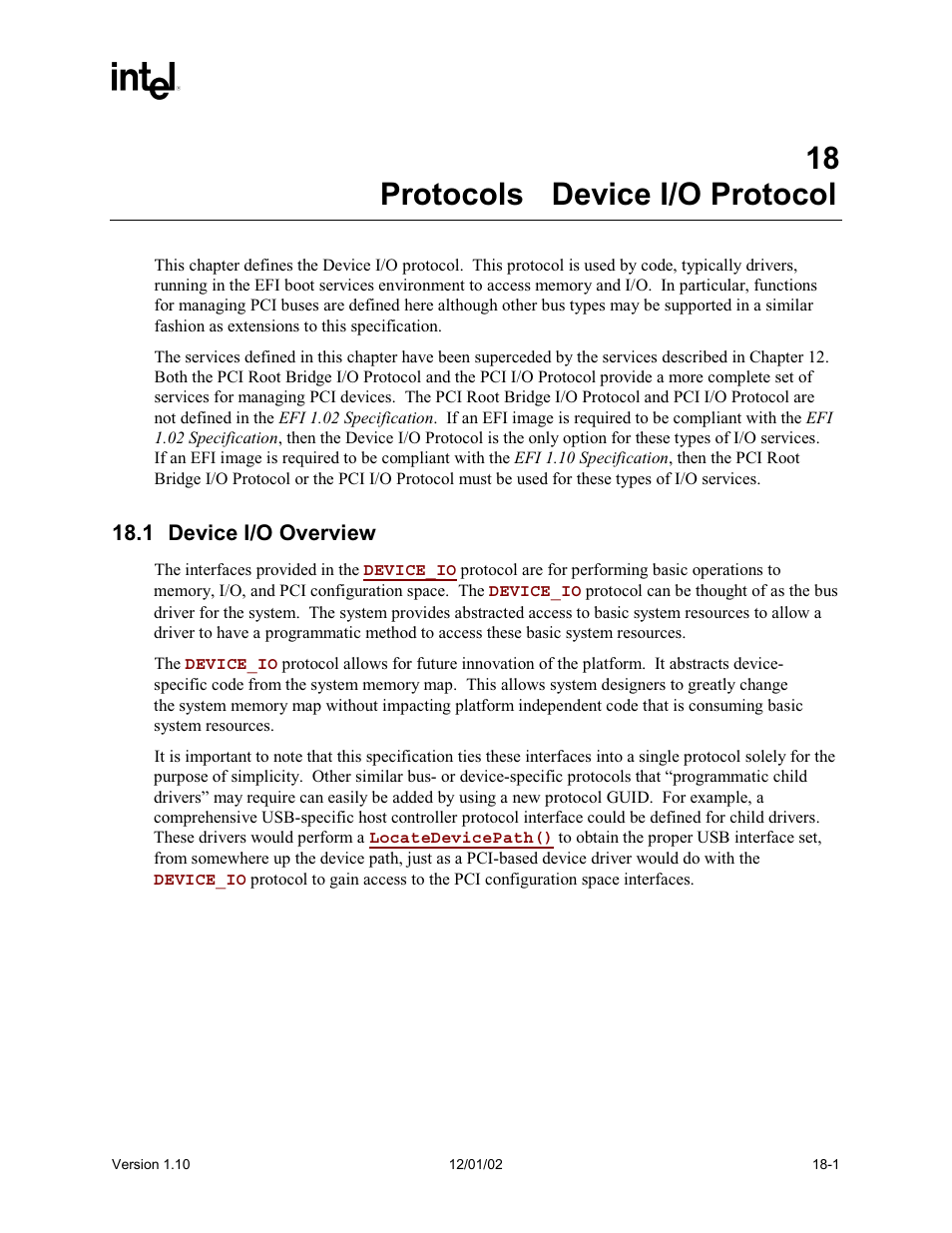 18 protocols - device i/o protocol, 1 device i/o overview | Intel Extensible Firmware Interface User Manual | Page 761 / 1084