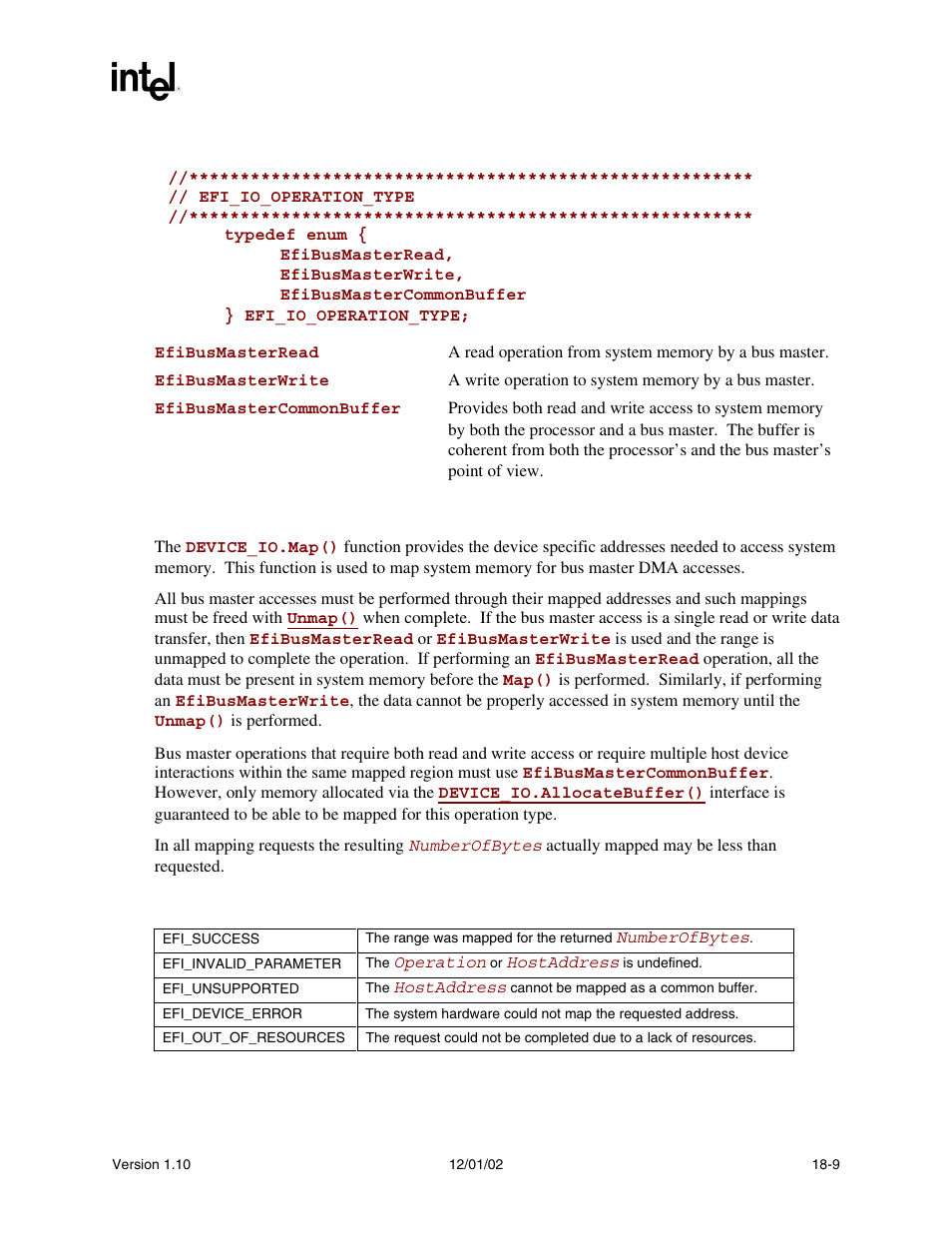 Efi_io_operation_type, Is de, Related definitions | Description, Status codes returned | Intel Extensible Firmware Interface User Manual | Page 769 / 1084