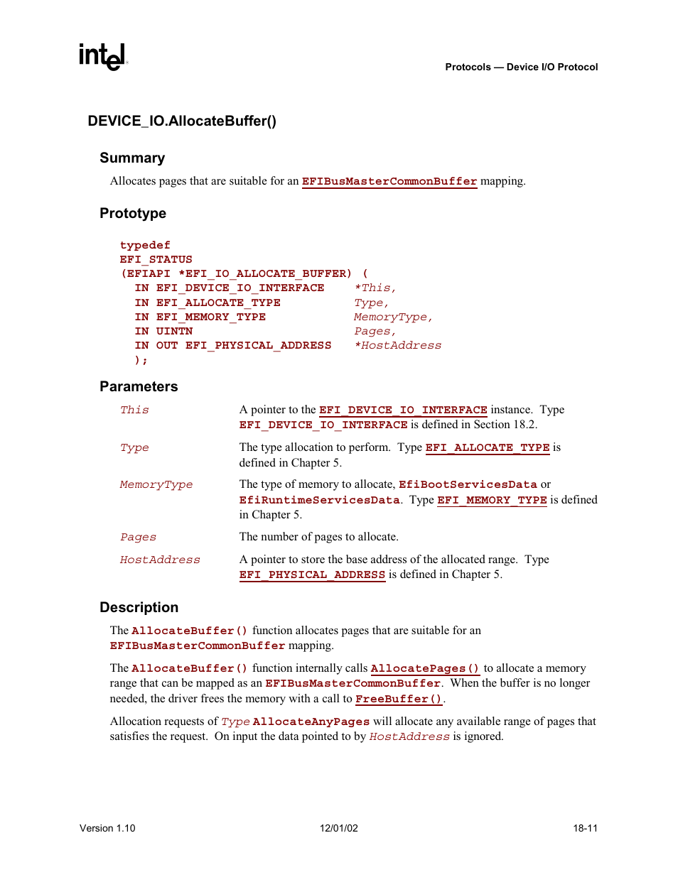 Device_io.allocatebuffer(), Allocatebuffer(), Inte | Intel Extensible Firmware Interface User Manual | Page 771 / 1084