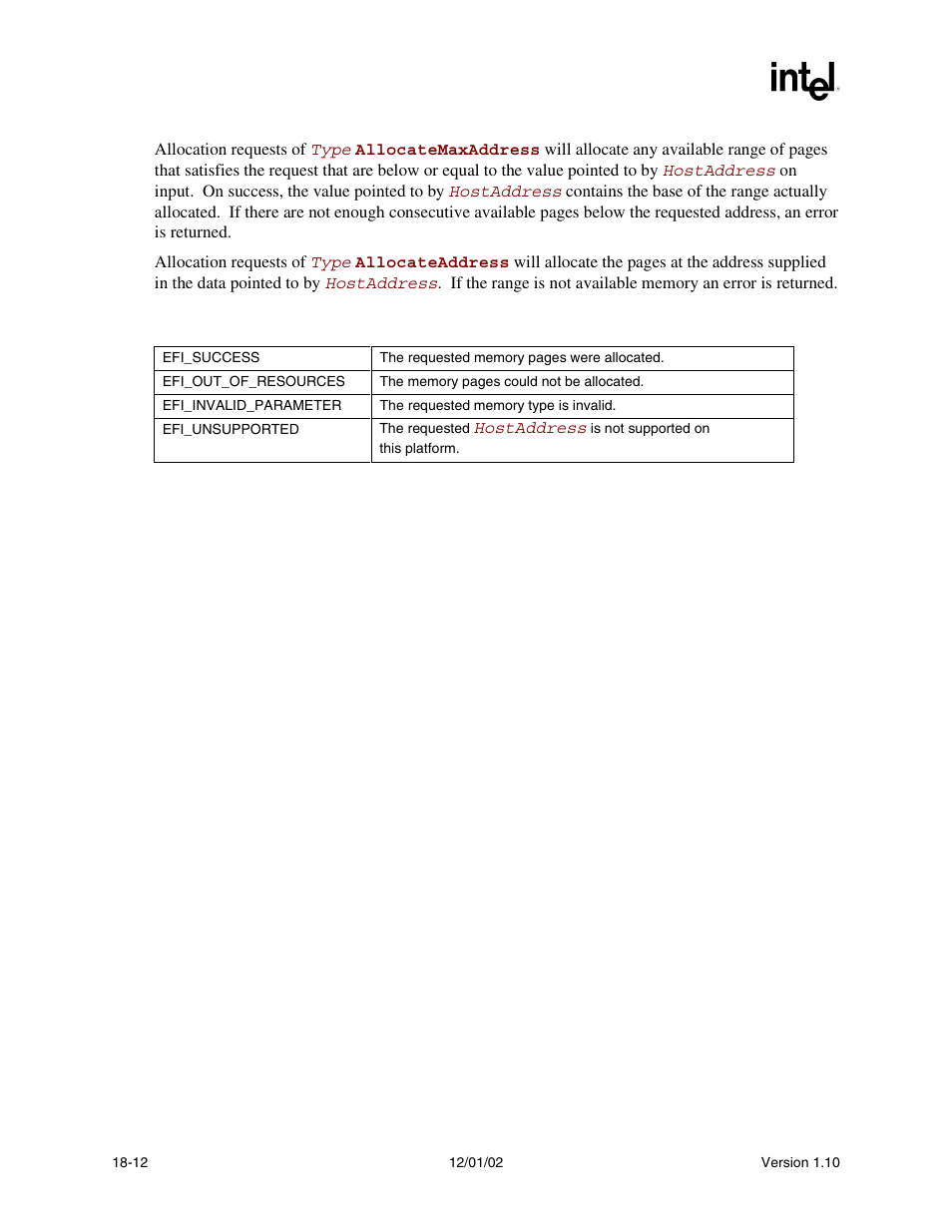 Status codes returned | Intel Extensible Firmware Interface User Manual | Page 772 / 1084