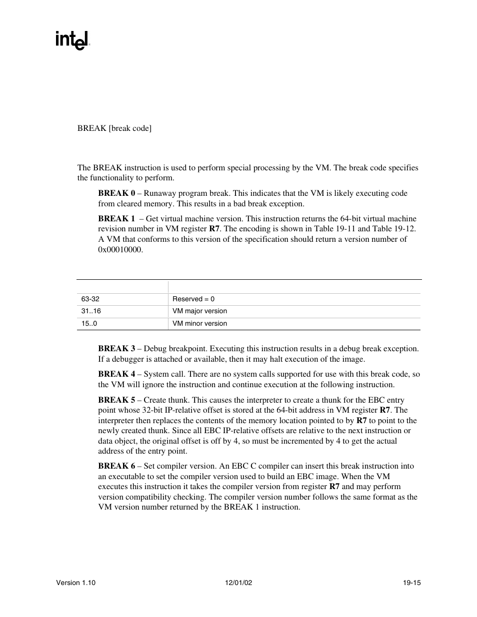 Break, Break syntax, Description | Intel Extensible Firmware Interface User Manual | Page 789 / 1084