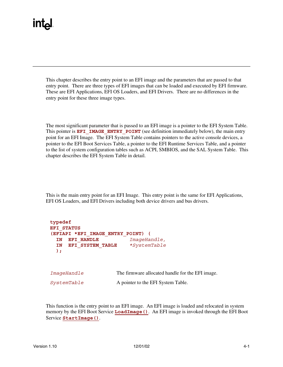 4 efi system table, 1 efi image entry point, Efi_image_entry_point | 4efi system table | Intel Extensible Firmware Interface User Manual | Page 79 / 1084