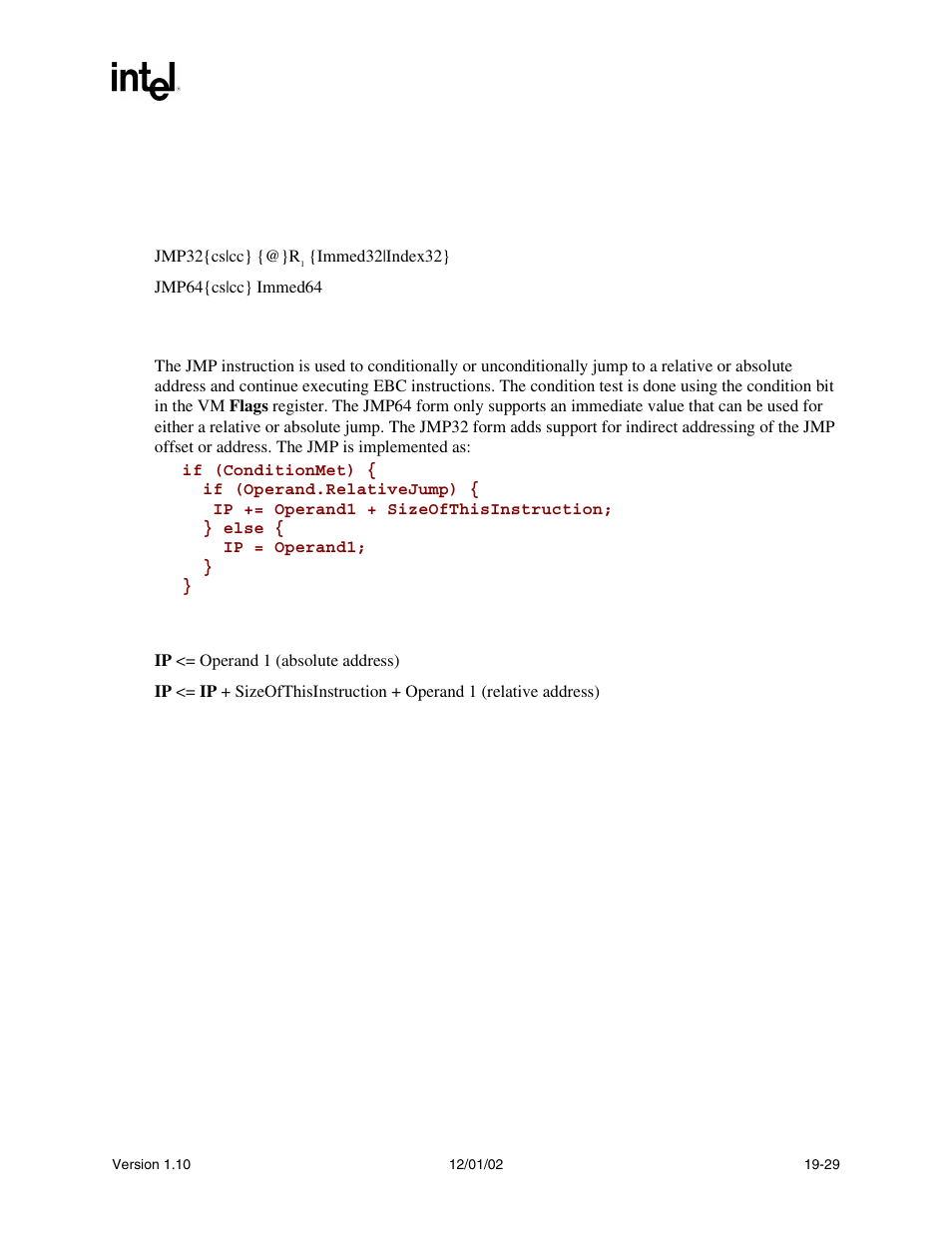 Jmp syntax, Description, Operation | Intel Extensible Firmware Interface User Manual | Page 803 / 1084