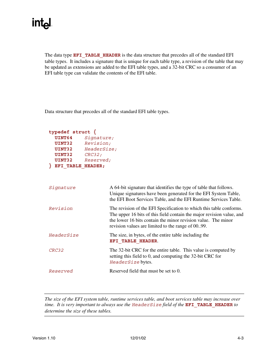 2 efi table header, Efi_table_header | Intel Extensible Firmware Interface User Manual | Page 81 / 1084