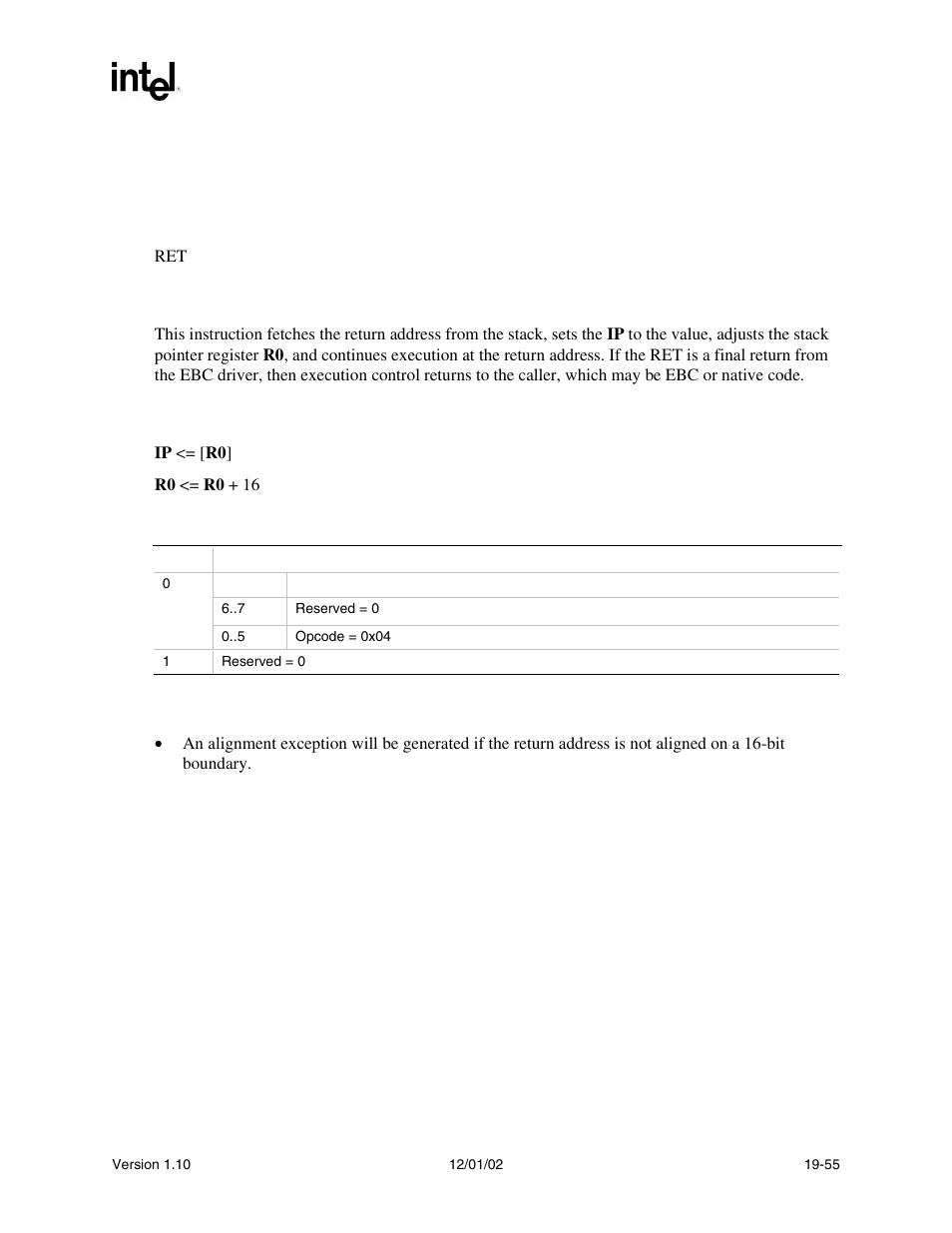 Ret syntax, Description, Operation | Behaviors and restrictions | Intel Extensible Firmware Interface User Manual | Page 829 / 1084