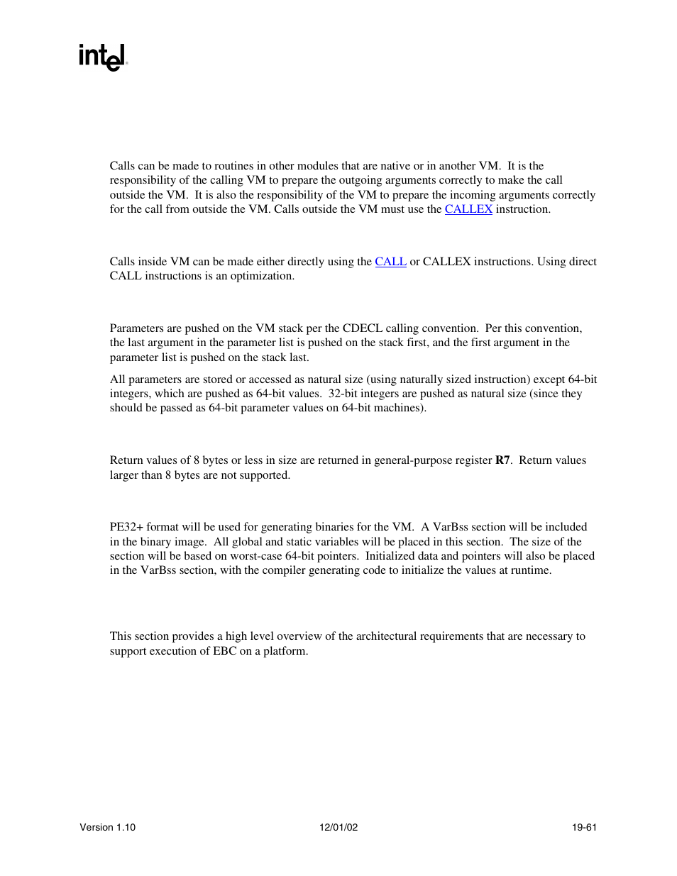 9 runtime and software conventions, 1 calling outside vm, 2 calling inside vm | 3 parameter passing, 4 return values, 5 binary format, 10 architectural requirements | Intel Extensible Firmware Interface User Manual | Page 835 / 1084