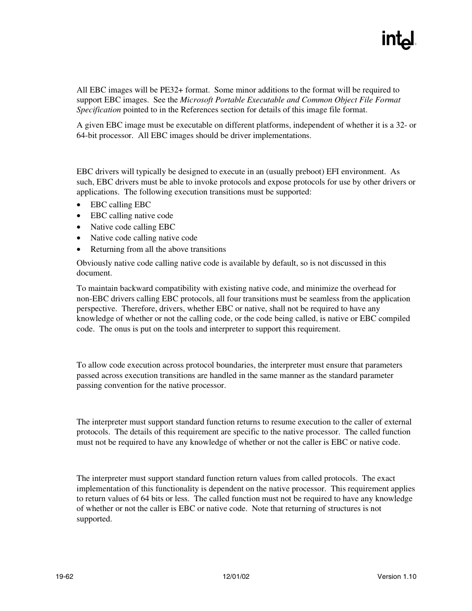 1 ebc image requirements, 2 ebc execution interfacing requirements, 3 interfacing function parameters requirements | 4 function return requirements, 5 function return values requirements | Intel Extensible Firmware Interface User Manual | Page 836 / 1084