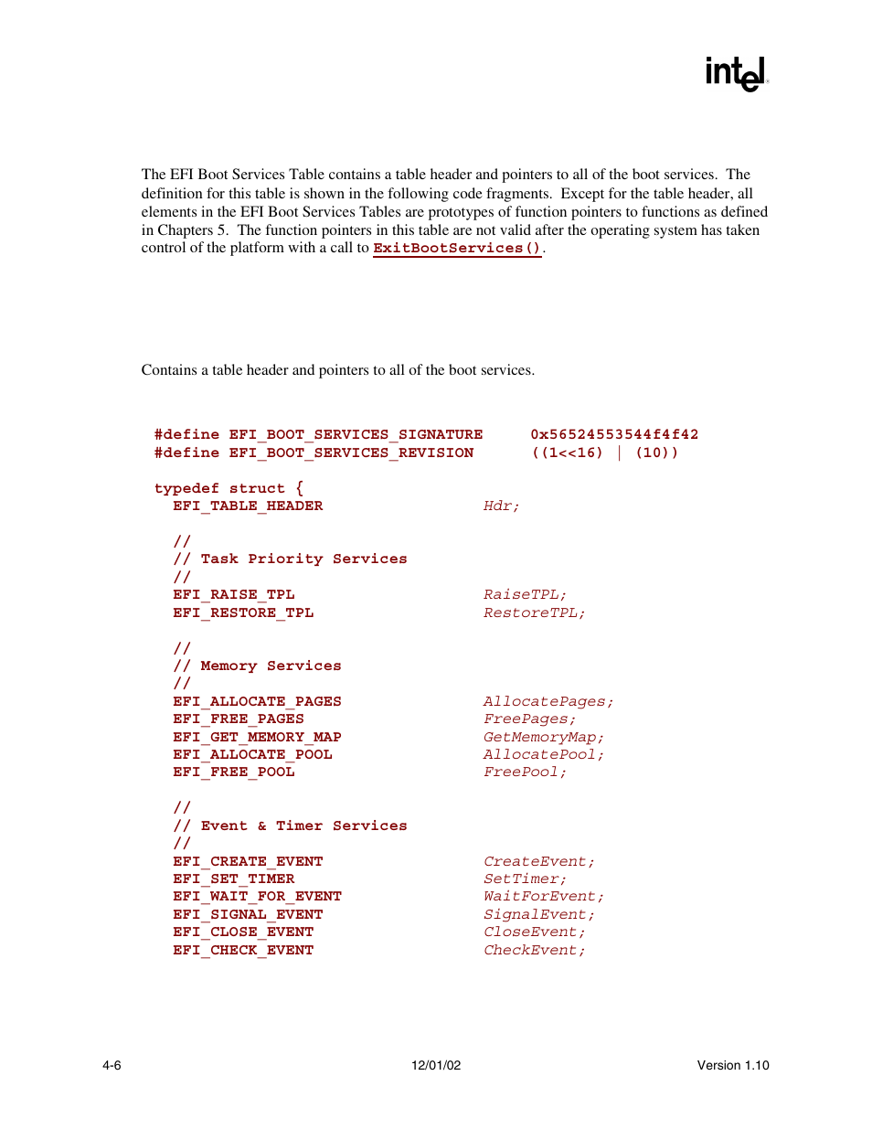 4 efi boot services table, Efi_boot_services, Efi boot services | Intel Extensible Firmware Interface User Manual | Page 84 / 1084