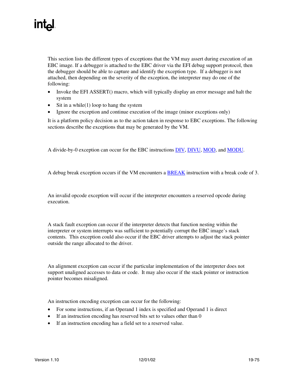 13 vm exception handling, 1 divide by 0 exception, 2 debug break exception | 3 invalid opcode exception, 4 stack fault exception, 5 alignment exception, 6 instruction encoding exception | Intel Extensible Firmware Interface User Manual | Page 849 / 1084