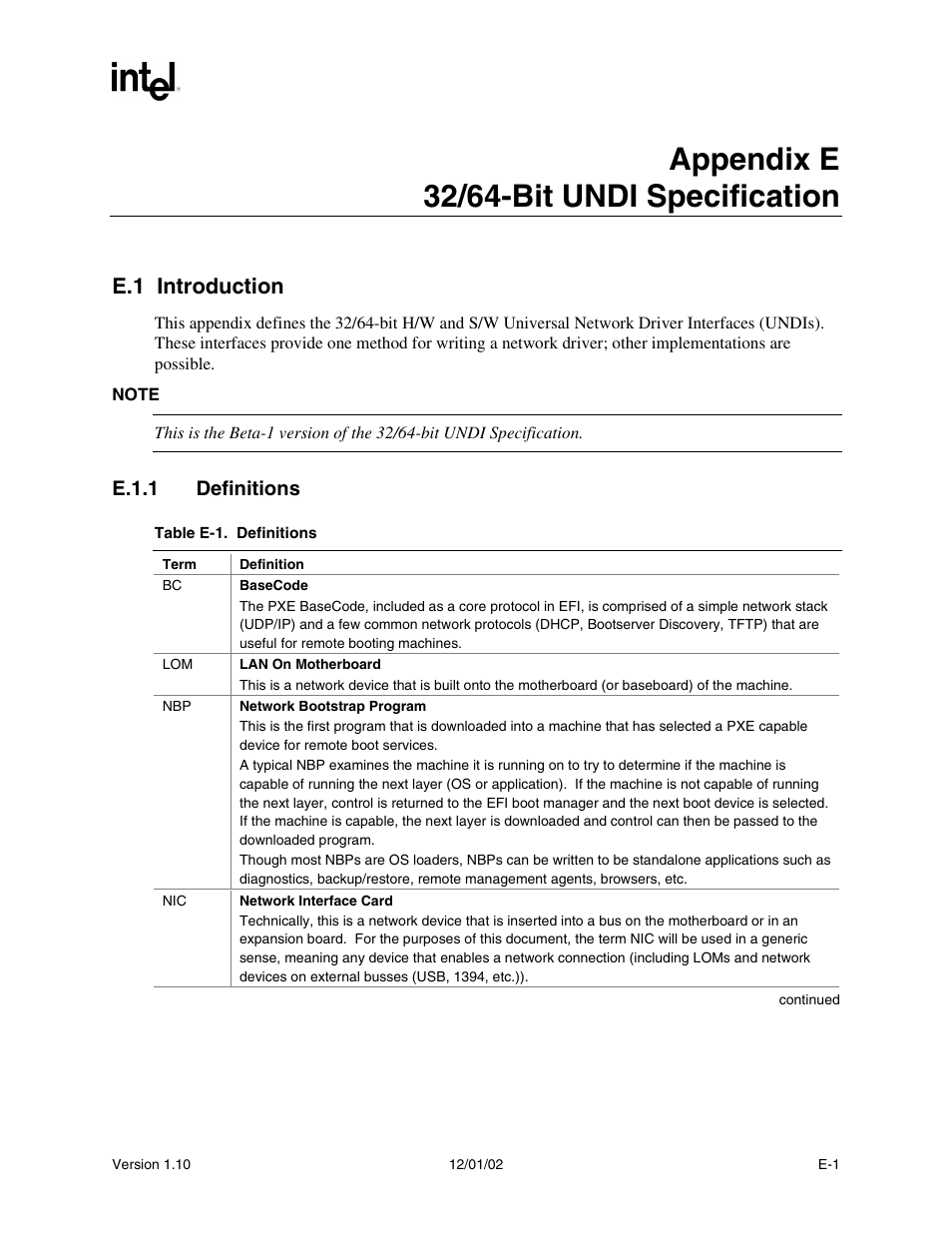 Appendix e 32/64-bit undi specification, E.1 introduction, E.1.1 definitions | Intel Extensible Firmware Interface User Manual | Page 867 / 1084