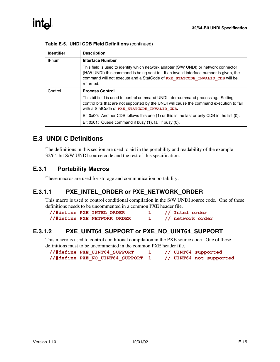 E.3 undi c definitions, E.3.1 portability macros, E.3.1.1 pxe_intel_order or pxe_network_order | Intel Extensible Firmware Interface User Manual | Page 881 / 1084