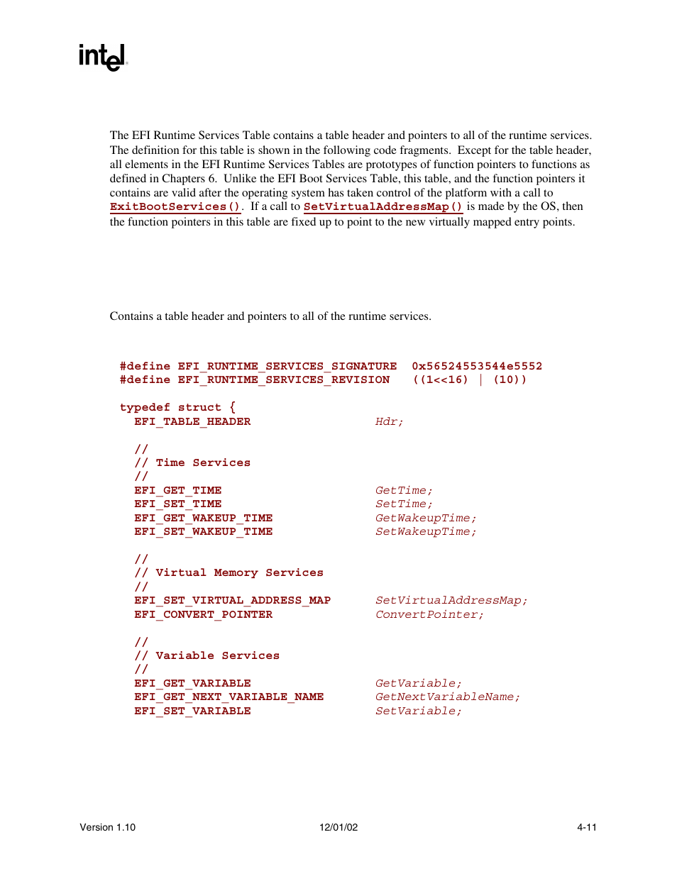 5 efi runtime services table, Efi_runtime_services, Efi runtime services | Intel Extensible Firmware Interface User Manual | Page 89 / 1084