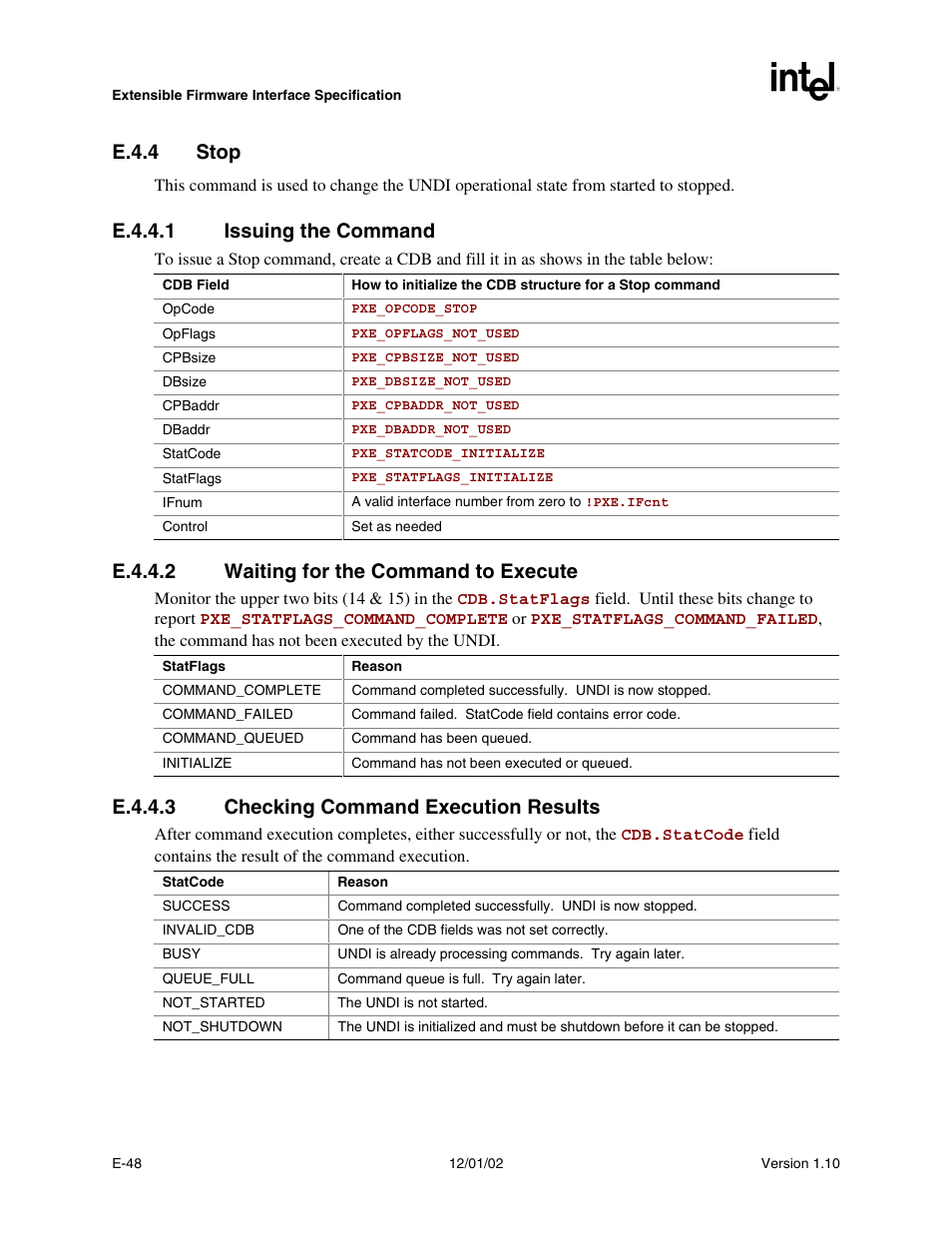 E.4.4 stop, Stop, E.4.4.1 issuing the command | E.4.4.2 waiting for the command to execute, E.4.4.3 checking command execution results | Intel Extensible Firmware Interface User Manual | Page 914 / 1084