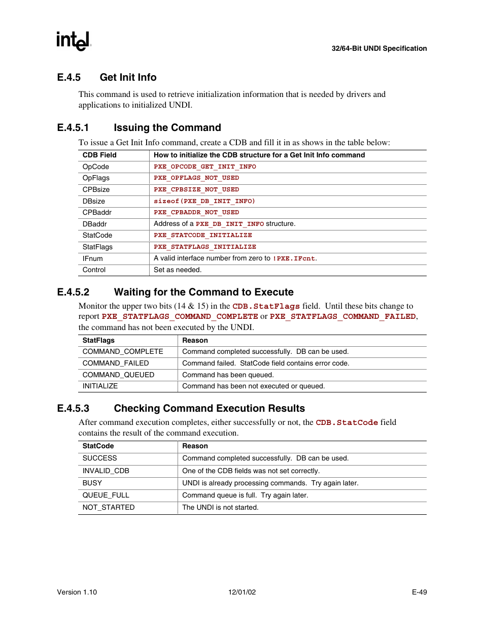 E.4.5 get init info, Get init info, E.4.5.1 issuing the command | E.4.5.2 waiting for the command to execute, E.4.5.3 checking command execution results | Intel Extensible Firmware Interface User Manual | Page 915 / 1084